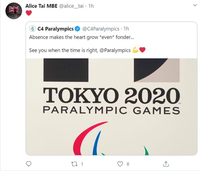 Alice Tai Tokyo 2020 postponement tweet