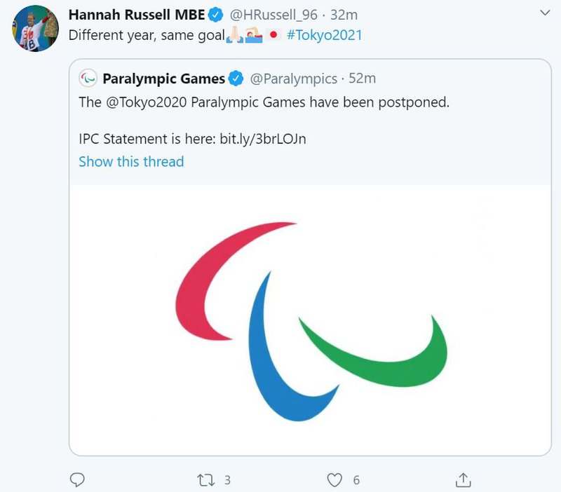 Hannah Russell Tokyo 2020 postponement tweet