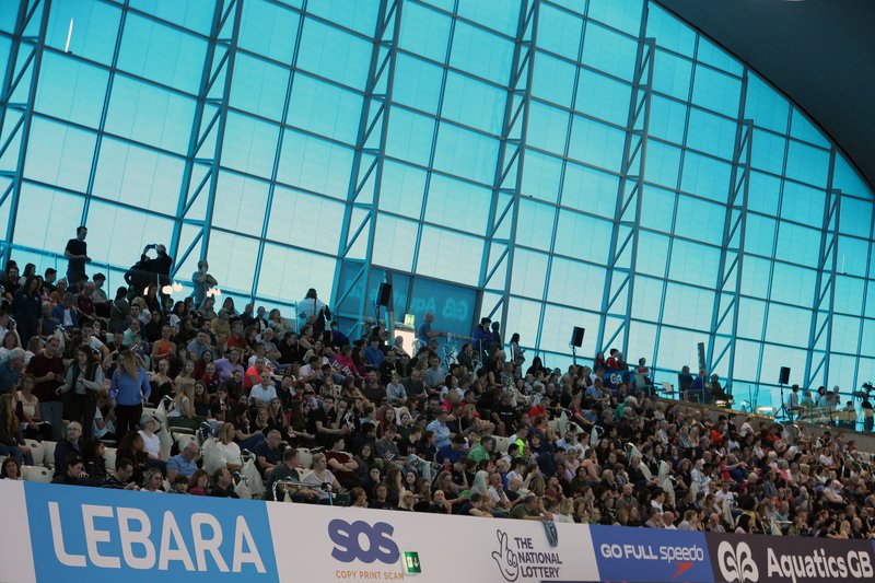 Lebara branding board packed crowd Aquatics GB Swimming Champs 2024