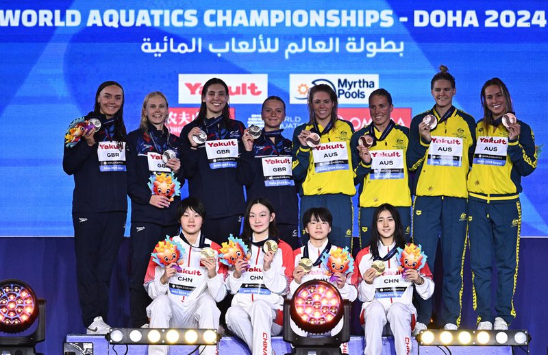 Women's 4x200m Freestyle Relay BRONZE podium shot Doha 2024.JPG